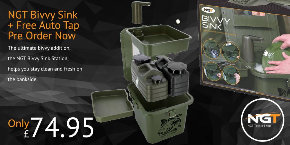 NGT Bivvy Sink with auto tap on a dark background, featuring promotional text and pricing.