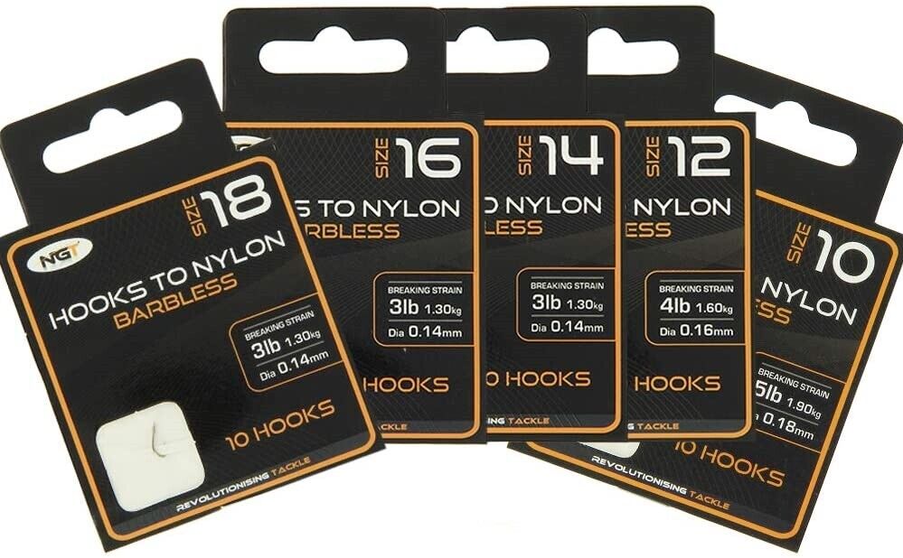 NGT HOOKS TO NYLON Barbless x 50 Coarse Match Float Fishing Hook 10 12 14 16 18 - NGT Tackle Shop
