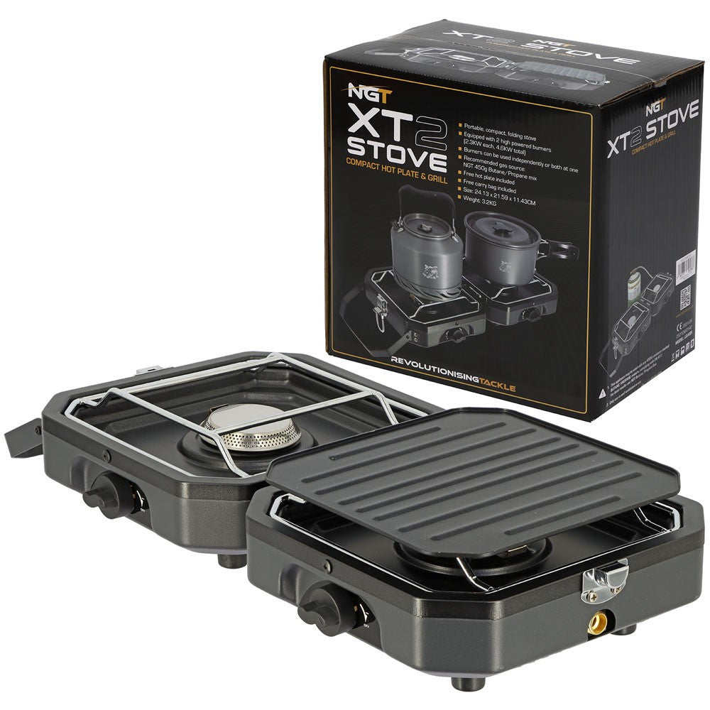 NGT XT Stove Twin Double Gas Carp Fishing Camping Cooker Griddle Plate & Case