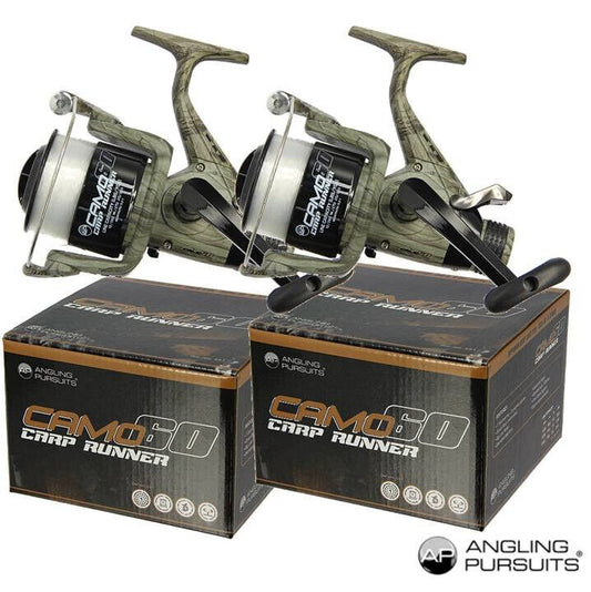 2 x Carp Fishing Reels Camo 60 Carp Runner Reel 3BB Spooled with 12lb Line - NGT Tackle Shop