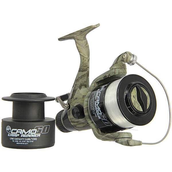 2 x Carp Fishing Reels Camo 60 Carp Runner Reel 3BB Spooled with 12lb Line - NGT Tackle Shop