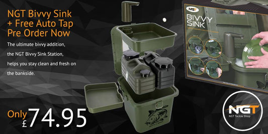 NGT Bivvy Sink with auto tap on a dark background, featuring promotional text and pricing.