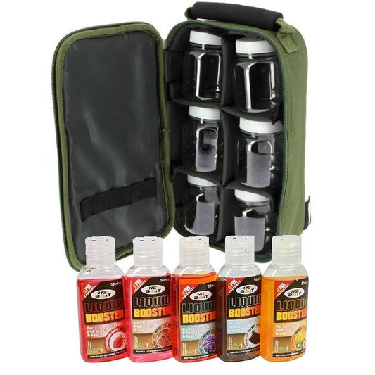 NGT Carp Fishing Glug Pot Bag with 5 x 50ml Liquids & 6 Glug Pots Set - NGT Tackle Shop