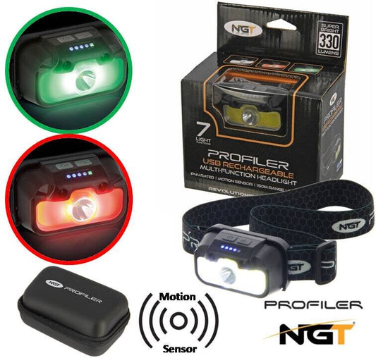 NGT Head Torch Profiler Headlamp Fishing Red Green White 330 Lms Rechargeable Sensor Beam - NGT Tackle Shop