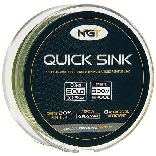 NGT Quick Sink Braid Carp Fishing Line Moss Green 20 - 25lb - Large 300m Spool - NGT Tackle Shop