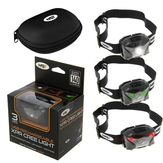 NGT XPR Head Torch Fishing Red Green White Light 140 Lumens Rechargeable Cree - NGT Tackle Shop